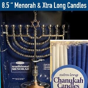 Silvertone Menorah & Box of 44 Tall 5" Candles - Traditional design, Brand New